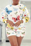 White Grey Casual Snowflake Floral Butterfly Print Round Neck Long Sleeve Sweatshirts and Shorts Two Pieces Sets