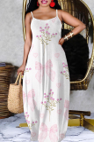 Pink Graphic Floral Print Sleeveless Backless Spaghetti Strap Floor Length Casual Outing Vacation Straight Loose Maxi Slip Dress