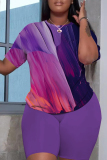 Khaki Casual Abstract Print Round Neck Short Sleeve T-shirt and Shorts Two Pieces Matching Sets