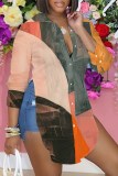 Blue Purple Casual Abstact Print Button up Slit Shirt Collar Long Sleeve Tops Blouses