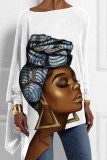 Multicolor Loose Casual Figure Print Asymmetrical Hem Round Neck Long Sleeve Tops Blouses