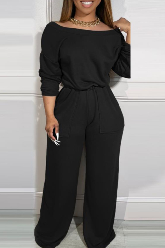 Black Casual Pocket Drawstring Waist Off Shoulder Long Sleeve Wide Leg Loose Jumpsuits
