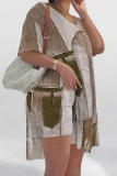 Khaki Casual Abstract Colorblock Print Slit V Neck Long Sleeve T-shirt and Skinny Shorts Two Pieces Matching Sets