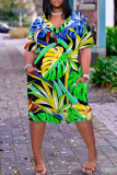 Leopard Floral Print V Neck Short Sleeve Casual Outing Straight Loose T Shirt Midi Dress