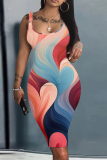 Multicolor Graphic Print Sleeveless U Neck Casual Outing Plus Size Bodycon Vest Midi Dress
