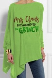 Green Casual Letter Santa Print Asymmetrical Hem Round Neck Long Sleeve Loose Tops Christmas Blouses