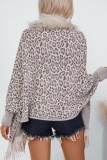 Apricot Casual Leopard Cardigan Fringed Hem Long Sleeve Outerwear Fall Winter Sweater Cardigon Cloaks Shawls
