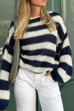 Blue Loose Casual Letters Striped Weave Contrast Oblique Collar Long Sleeve Fall Winter Sweater Tops