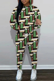 Green Casual Floral Print Hooded Long Sleeve Sweatshirts and Sweatpants Fall Winter Two Pieces Sweatsuits Sets