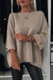 Grey Loose Casual Weave Round Neck Three Quarter Sleeve Knitted Sweater Tops