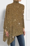 Red Casual Lantern Santa Hat Print Asymmetrical Hem Sequins Turtleneck Long Sleeve Loose Tops Blouses