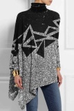 Red Casual Lantern Santa Hat Print Asymmetrical Hem Sequins Turtleneck Long Sleeve Loose Tops Blouses