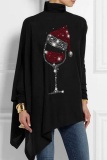 Red Casual Lantern Santa Hat Print Asymmetrical Hem Sequins Turtleneck Long Sleeve Loose Tops Blouses