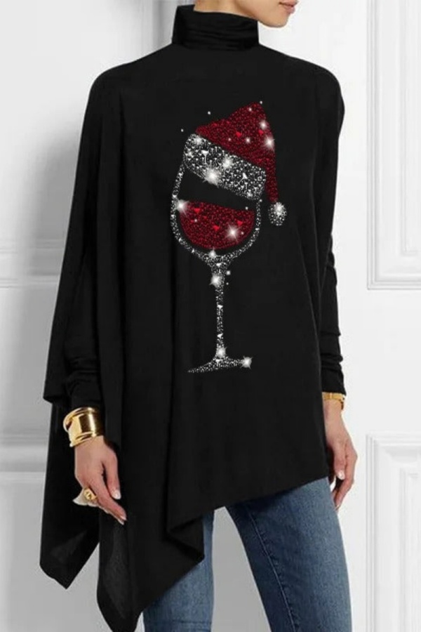 Red Casual Lantern Santa Hat Print Asymmetrical Hem Sequins Turtleneck Long Sleeve Loose Tops Blouses