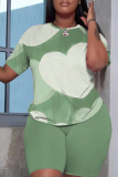 Khaki Casual Abstract Print Round Neck Short Sleeve T-shirt and Shorts Two Pieces Matching Sets
