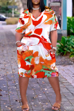 Leopard Floral Print V Neck Short Sleeve Casual Outing Straight Loose T Shirt Midi Dress