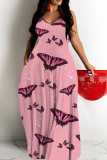 Blue Butterfly Print Sleeveless Backless Spaghetti Strap Floor Length Casual Outing Vacation Straight Loose Maxi Dress