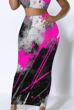 Green Purple Skinny Casual Abstract Colorblock Print Mid Waist Bottoms Long Wrap Skirts