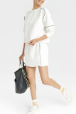 White Sportwear Casual Pocket Contrast Round Neck Long Sleeve Sweatshirt and Drawstring Skirts Two Pieces Sets