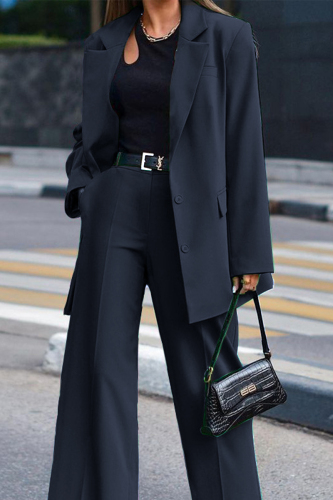 Brown Office Lady Business Turn-back Collar Long Sleeve Casual Suit and Wide Leg Pants 2 Piece Set
