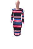 multicolor Colorful Striped Sweater Dress Fall Vacation Round Neck Long Sleeve Bodycon Knit Midi Dress