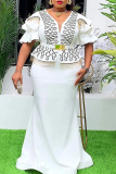 White Deep V Neck Ruffled Layered Sleeve Gold-Tone Belt and Fringe Trim Flared Mermaid Formal Evening Maxi Dress