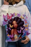 Orange Casual Figure Floral Butterfly Print Basic Hooded Long Sleeve Fall Winter Tops Sweatshirts