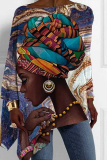 Multicolor Loose Casual Figure Print Asymmetrical Hem Round Neck Long Sleeve Tops Blouses