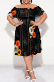 Wine Red Floral Print Off Shoulder Ruffled Sleeve A Line Casual Outing Vacation Plus Size Midi Dress