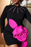 Black Rhinestone Decor High Neck Long Sleeve Cocktail Party Bodycon Mini Dress with Pink Rose Applique