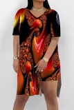 Blue Red Casual Abstract Butterfly Print Slit V Neck Long Sleeve T-shirt and Skinny Shorts Two Pieces Matching Sets