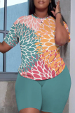 Khaki Casual Abstract Print Round Neck Short Sleeve T-shirt and Shorts Two Pieces Matching Sets