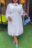 Rose Red Keyhole Neck Cut-Out Puff 3/4 Sleeve Rhinestone Buckle Fitted Waist Ruffle Trim Pleated Hem Formal Party Plus Size Wedding Guest Midi Dress