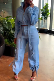Sky Blue Casual Sportswear Pocket Buttons Zipper Collar Long Sleeve Jacket and Cargo Pants Two Pieces Matching Sets