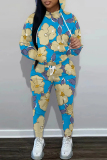 Green Casual Floral Print Hooded Long Sleeve Sweatshirts and Sweatpants Fall Winter Two Pieces Sweatsuits Sets