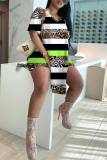 Zebra Gradient Casual Stripe Colorblock Print Slit V Neck Short Sleeve T-shirt and Shorts Two Pieces Matching Sets