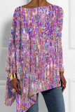 Dark Blue Loose Casual Letter Pearl Figure Print Asymmetrical Hem Round Neck Long Sleeve Tops Blouses