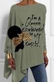 Orange Loose Casual Letter Figure Print Asymmetrical Hem Round Neck Long Sleeve Tops Blouses