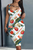 Red Floral Leopard Print Sleeveless U Neck Knee Length Casual Outing Bodycon Vest Midi Dress