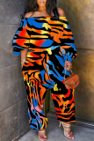 Multicolor Loose Casual Abstract Zebra Leopard Print Off Shoulder Long Sleeve Overall Jumpsuits