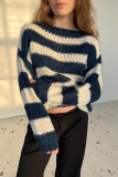Blue Loose Casual Letters Striped Weave Contrast Oblique Collar Long Sleeve Fall Winter Sweater Tops