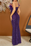 Sleeveless Feathered Neck Trim Bodycon Sparkly Sequin Cocktail Evening  Party Maxi Dress