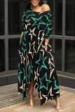 Black White Striped Leopard Print Off Shoulder 3/4 Sleeve High-Low Hem Loose Fit Casual Outings Vacations Flowy Maxi Dress with Pocket