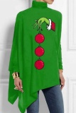 Red Casual Lantern Santa Hat Print Asymmetrical Hem Sequins Turtleneck Long Sleeve Loose Tops Blouses