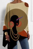 Multicolor Loose Casual Figure Print Asymmetrical Hem Round Neck Long Sleeve Tops Blouses