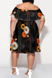 Wine Red Floral Print Off Shoulder Ruffled Sleeve A Line Casual Outing Vacation Plus Size Midi Dress