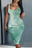 Multicolor Graphic Print Sleeveless U Neck Casual Outing Plus Size Bodycon Vest Midi Dress
