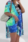 Khaki Casual Abstract Colorblock Print Slit V Neck Long Sleeve T-shirt and Skinny Shorts Two Pieces Matching Sets
