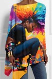 Multicolor Loose Casual Figure Print Asymmetrical Hem Round Neck Long Sleeve Tops Blouses