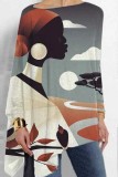 Multicolor Loose Casual Figure Print Asymmetrical Hem Round Neck Long Sleeve Tops Blouses
